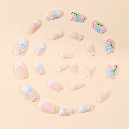 [24 Medium Square-Shaped Nails] 24 Medium Square-Shaped Nails Featuring a Summer Ocean Theme with a Minimalist White French Tip, 3D Embossed Designs of Waves, Shells, And Coconut Trees, Fully Covered And Press-On, Suitable for Women to Wear on a Daily Basis, During Vacations