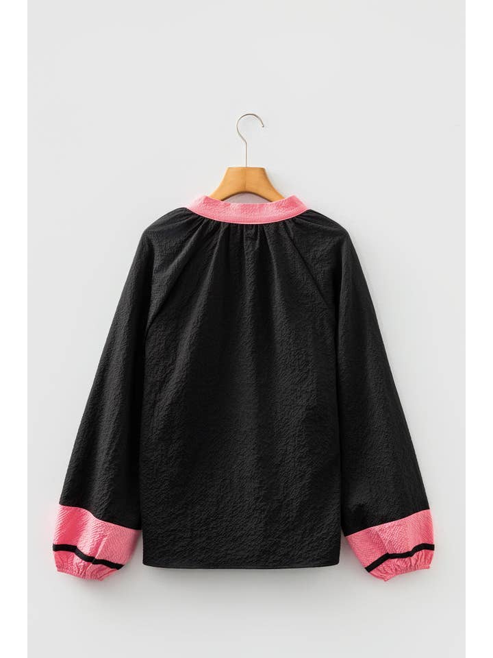 PRETTY BASH Colorblock V-Neck Textured Long Sleeve Blouse