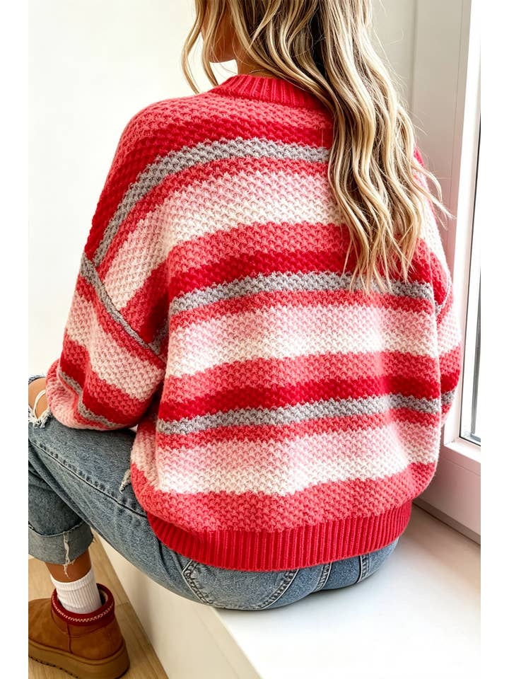 Fashionworks Women's Rainbow Striped Knit Sweater Puff Sleeve