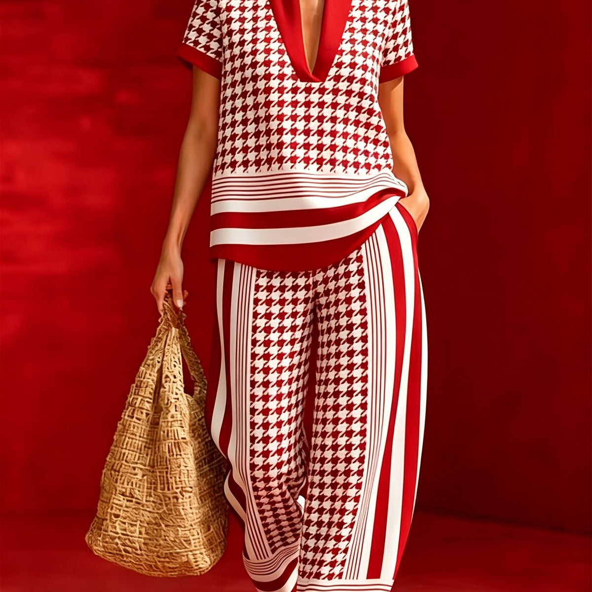 The Board Room Exit | Black & White Houndstooth V-Neck Top & Wide-Leg Pant Set — view 3 of 7