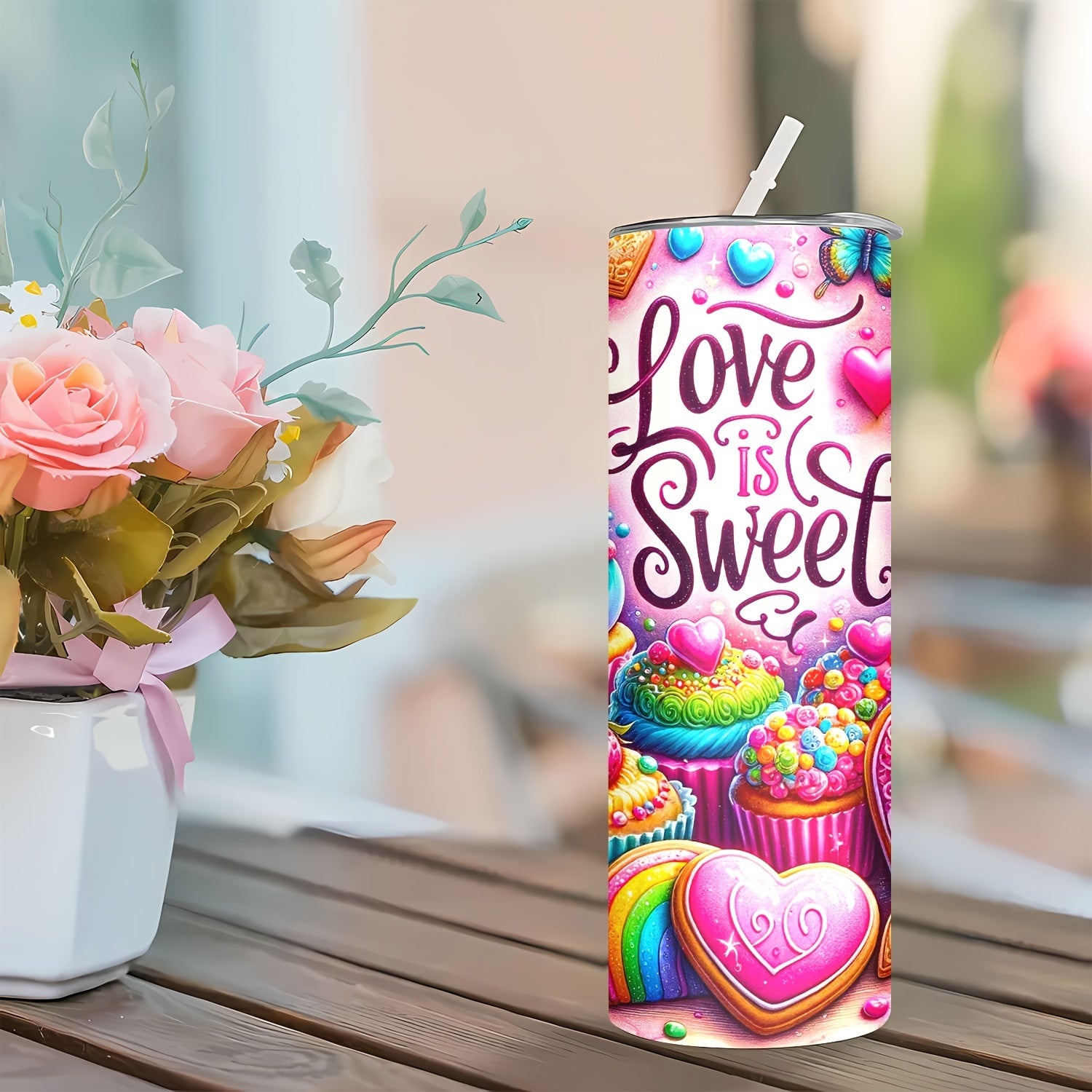20oz "Love is Sweet" Stainless Steel Water Bottle - Double Wall Insulated, PVC Free, Round Shape, Portable with Lid for Hot and Cold Drinks - For Men & Women - Ideal for Home, Travel, Sports - Perfect Gift for Mom, Lover, Relatives, Sisters, Friends