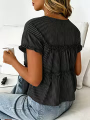 Casual Temperament Charming Fashion Striped Ruffled Short Sleeve Round Neck Top, Casual Easy Striped Round Neck — view 2