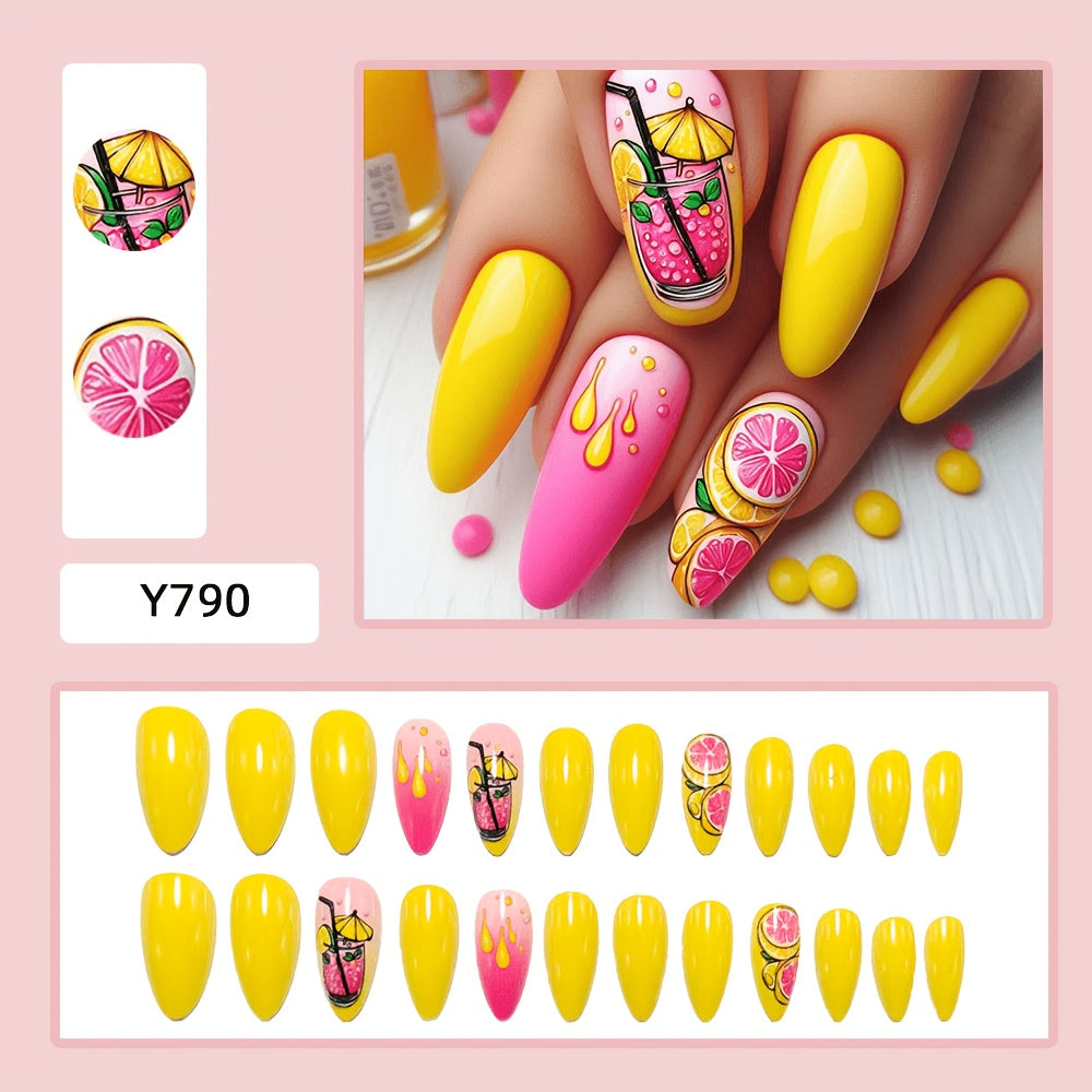 24pcs of Medium-Sized Almond-Shaped Manicure Sets. Summer Fruit Drink Theme Manicure Nail Sets. Dopamine Wearable Fake Nails. Energized And Vibrant Style Manicure. Press-On Nails. High-Gloss Manicure Stickers. Detachable Nail Stickers