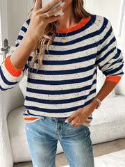 Autumn And Winter Women'S Elegant Retro Minimalist Style Color Dot Striped Raglan Sleeve Round Neck Sweater — view 2