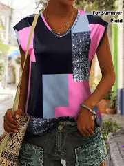 Vibrant Color Block Plaid Crew Neck T-Shirt - Soft Dacron And Spandex Blend, Micro Elasticity, Machine Washable — view 1