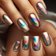 48pcs of Holographic Marble Square Press-On Nails, Featuring Iridescent Rainbow Marble Designs, Shiny Metallic — view 1