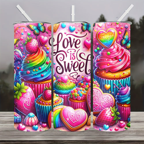 20oz "Love is Sweet" Stainless Steel Water Bottle - Double Wall Insulated, PVC Free, Round Shape, Portable with Lid for Hot and Cold Drinks - For Men & Women - Ideal for Home, Travel, Sports - Perfect Gift for Mom, Lover, Relatives, Sisters, Friends