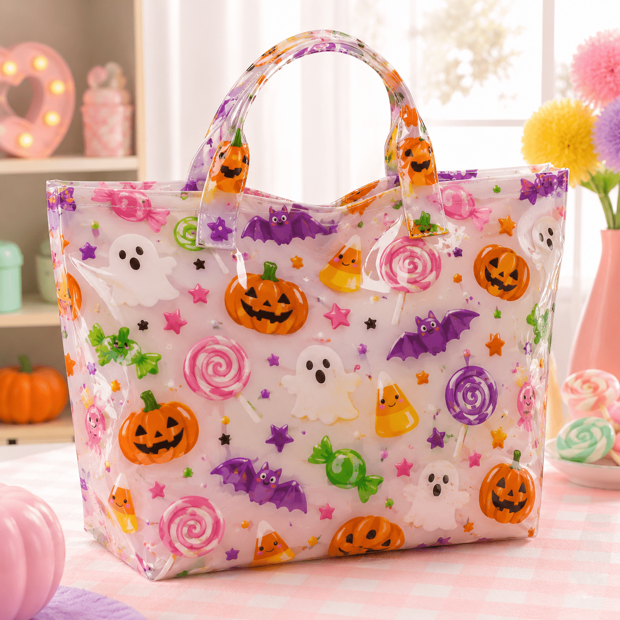 Women' Large PVC Tote Bag Suitable for Beach Vacation & Gym - Cute Candy Print with Lollipop, Bat, Pumpkin & Reusable Style Shopping Bag with Buckle Closure, PVC Carryall for Daily Use, Short Trips