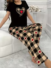 Women'S Heart Plaid Print Casual Pajama Set, Short Sleeve Round Neck Top And Pants, Comfortable Relaxed Fit — view 9