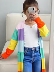 Color-Block Cardigan Girly Cute Color-Block Rainbow Stripe V-Neck — view 1