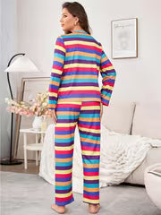 1. Women Round Neck Long Sleeve Colorful Rainbow Stripe Print Set Soft Friendly Spring Autumn Casual Home Long — view 4