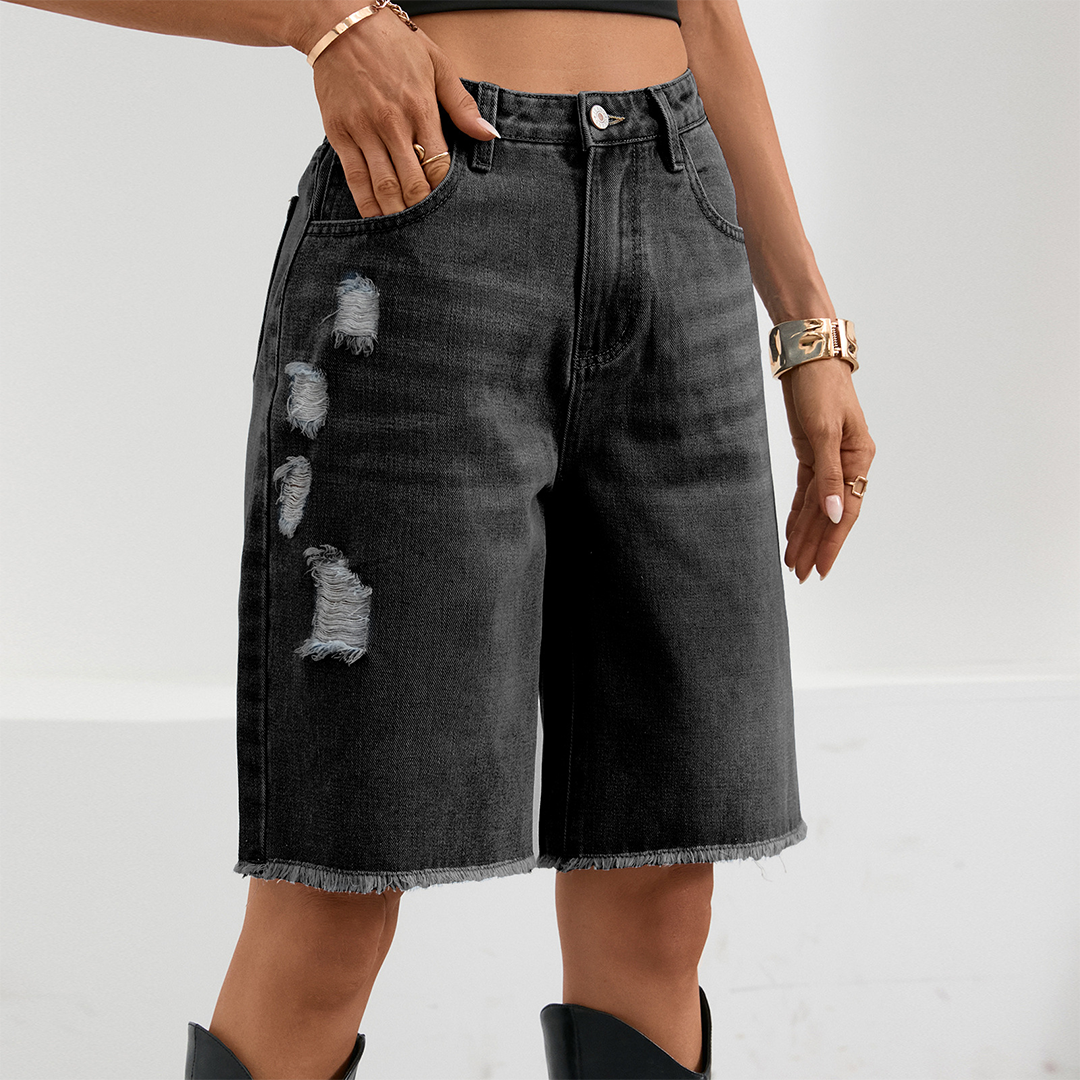 Distressed Frayed Tassel Knee-Length Denim Shorts MN125