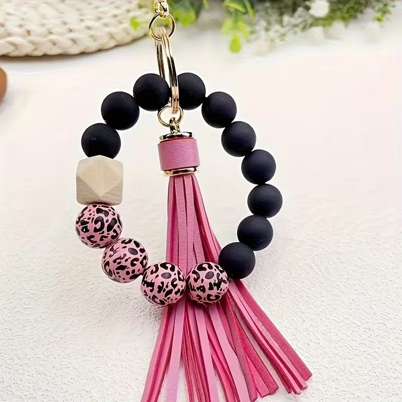 [Leopard Print Keychain] Creative Hot Selling Black Leopard Print White Background Wooden Beads 14Mm Rubber — view 15
