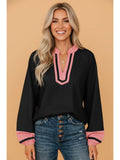 PRETTY BASH Colorblock V-Neck Textured Long Sleeve Blouse