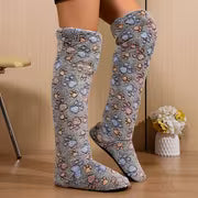 Cute Dog Paw Print Home Tall Boots, Plush and Thick-Lined Slippers, Soft-Soled House Socks, Women Shoes — view 2