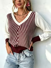 Color-Block V-Neck Sweater for Women, Color-Block Long-Sleeve Spliced Ribbed Pullover Top. Soft And Lightweight — view 3