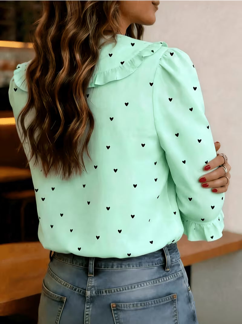 Women'S Heart Print Short Sleeve Blouse with Peter Pan Collar And Ruffled Cuffs — view 6