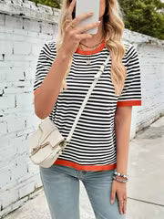 Women's Casual Striped Round Neck Sweater - Ribbed Short Sleeve Pullover with Color Block Design, High Stretch — view 2