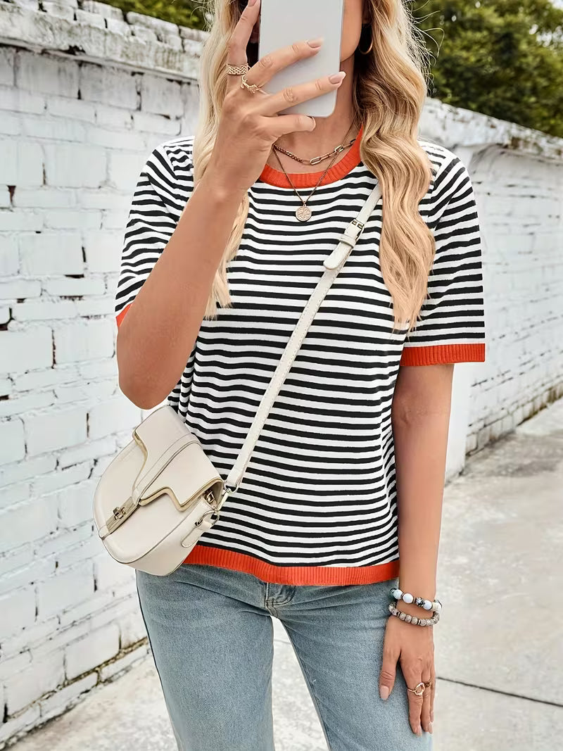 Women's Casual Striped Round Neck Sweater - Ribbed Short Sleeve Pullover with Color Block Design, High Stretch — view 7