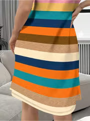 Women's Homewear, Colorful Horizontal Stripe Short - Sleeved Knee - Length Dress, Polyester Material, Multiple — view 1