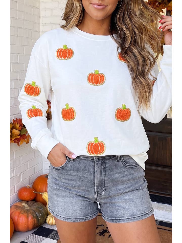 Las Fall Glitter Chenille Pumpkin Sweatshirt (S-Xl)