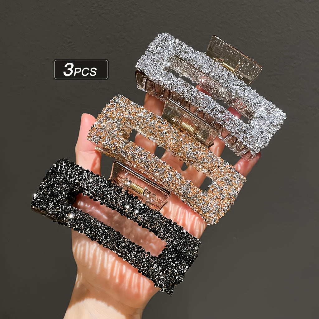 3pcs Set Women's Square Rhinestone Hair Clips, Trendy Rectangular Hair Claws, Suitable for Daily Office Wear, Multi-Functional Back Hair Accessories