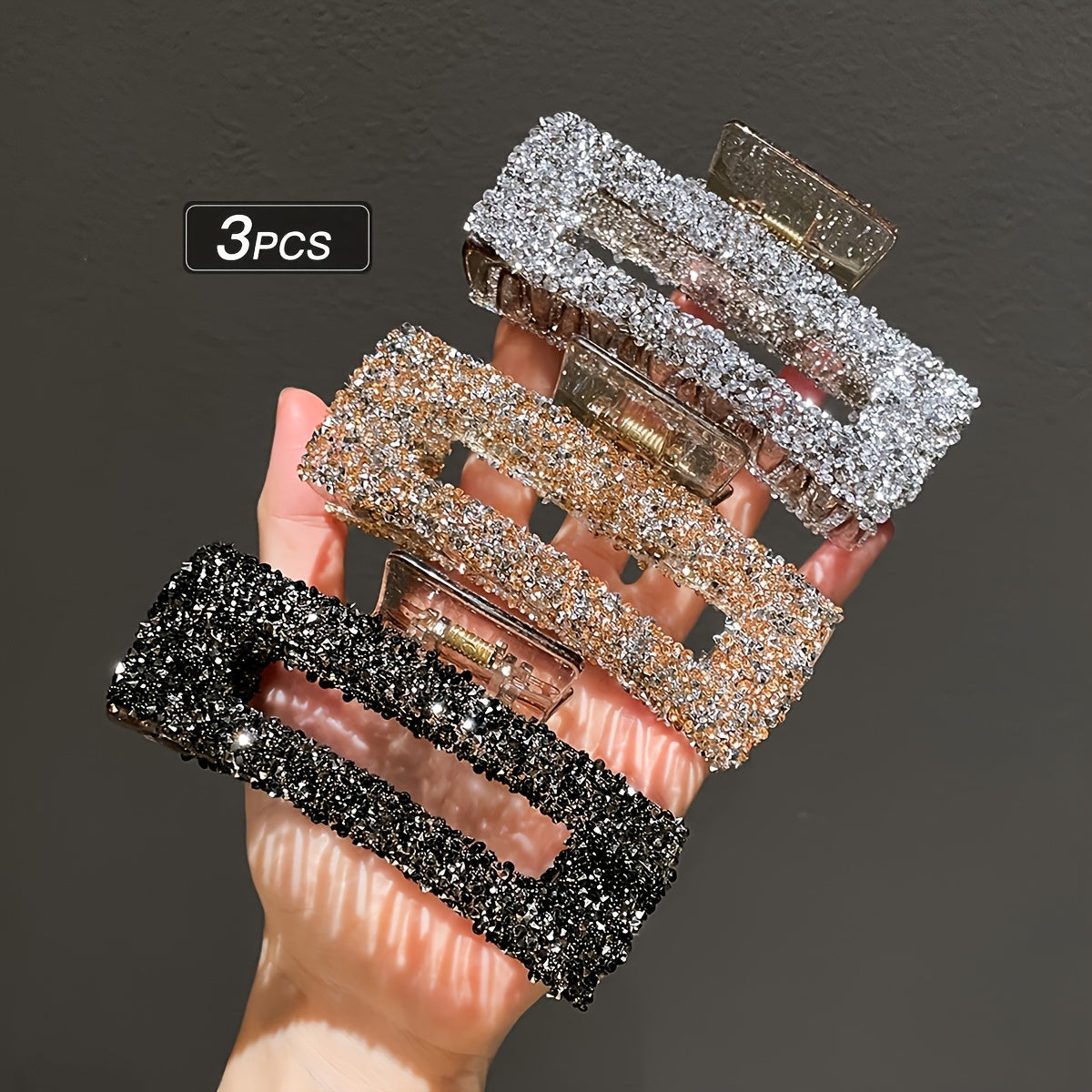 3pcs Set Women's Square Rhinestone Hair Clips, Trendy Rectangular Hair Claws, Suitable for Daily Office Wear, Multi-Functional Back Hair Accessories