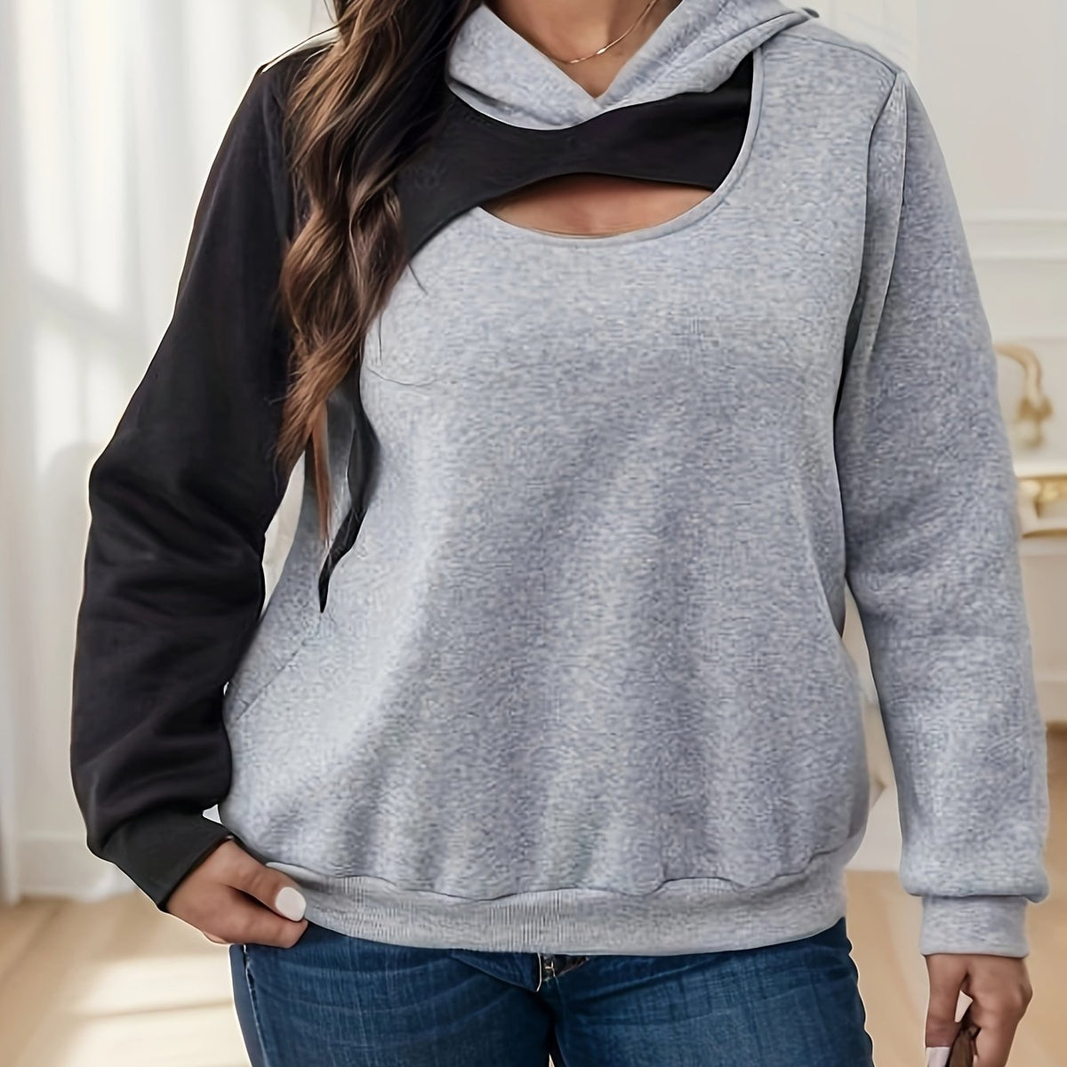 Plus Size, Fashion Color Block Loose Pullover Long Sleeve