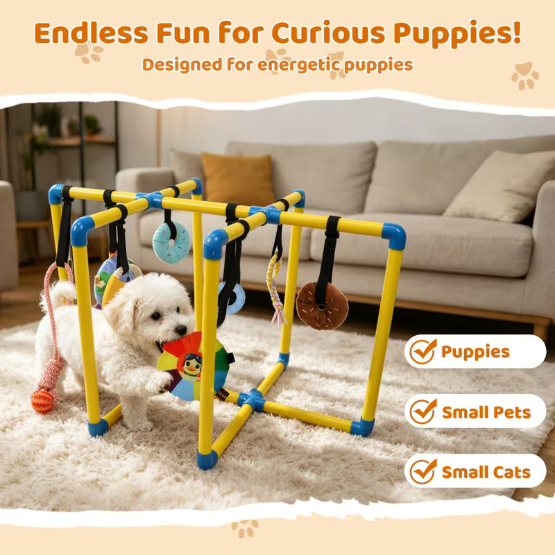 Puppy Play Gym With 8 Hanging Toys For Small Dogs, Indoor Jungle Activity Center With PVC Frame & Bungee Straps — view 13