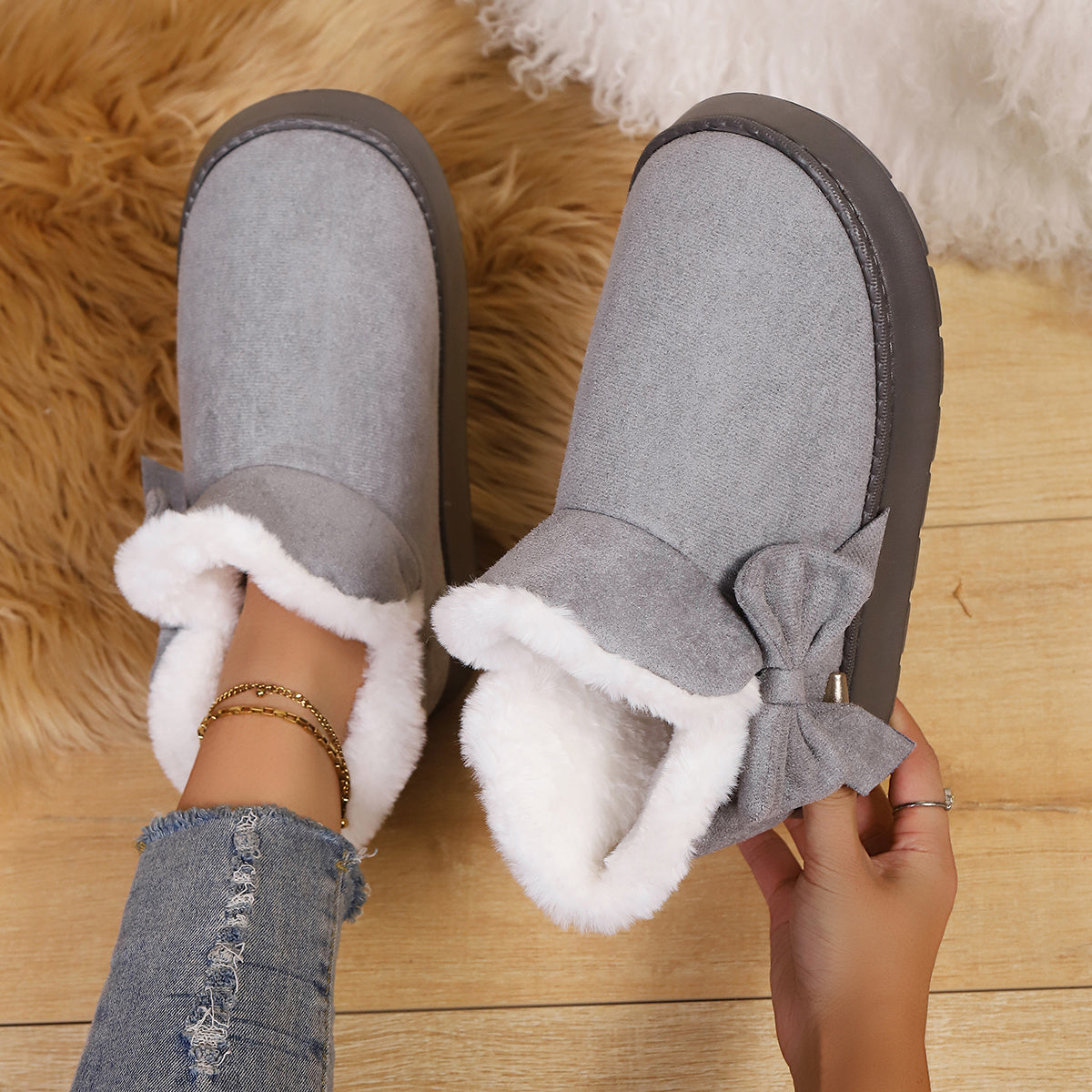 BUSYLION Women'S Bow Decor Short Snow Boots Fleece Warm