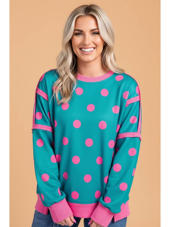 PRETTY BASH Polka Dot Contrast Reverse Seam Baggy Sweatshirt — view 11
