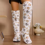 Cute Dog Paw Print Home Tall Boots, Plush and Thick-Lined Slippers, Soft-Soled House Socks, Women Shoes — view 4