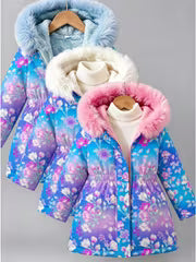Autumn Winter New Girls' Fleece Hooded Jacket, Floral Print Gradient Blue Purple Windproof Warm Lined Outdoor — view 6