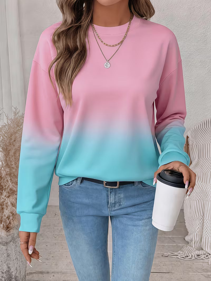 Print Design, No Texture. Pink Blue Gradient Women'S Crew Neck Sweatshirt, Loose Casual Long Sleeve Style — view 7