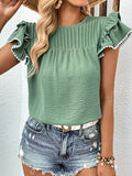 Green Smocked Ruffle Sleeves Top BFZY518