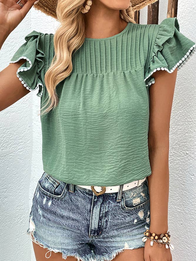 Green Smocked Ruffle Sleeves Top BFZY518