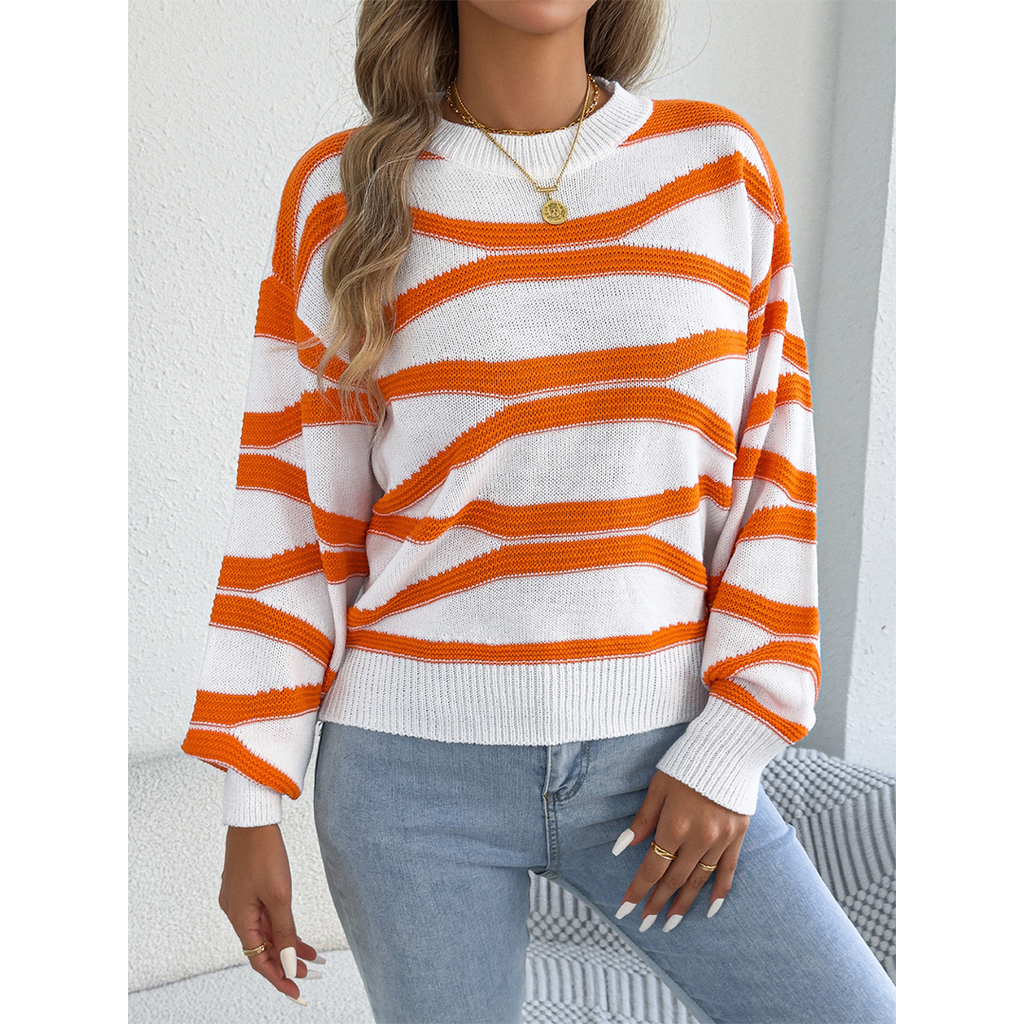 Color Block Striped Lantern Sleeve Pullover Sweater BJS347
