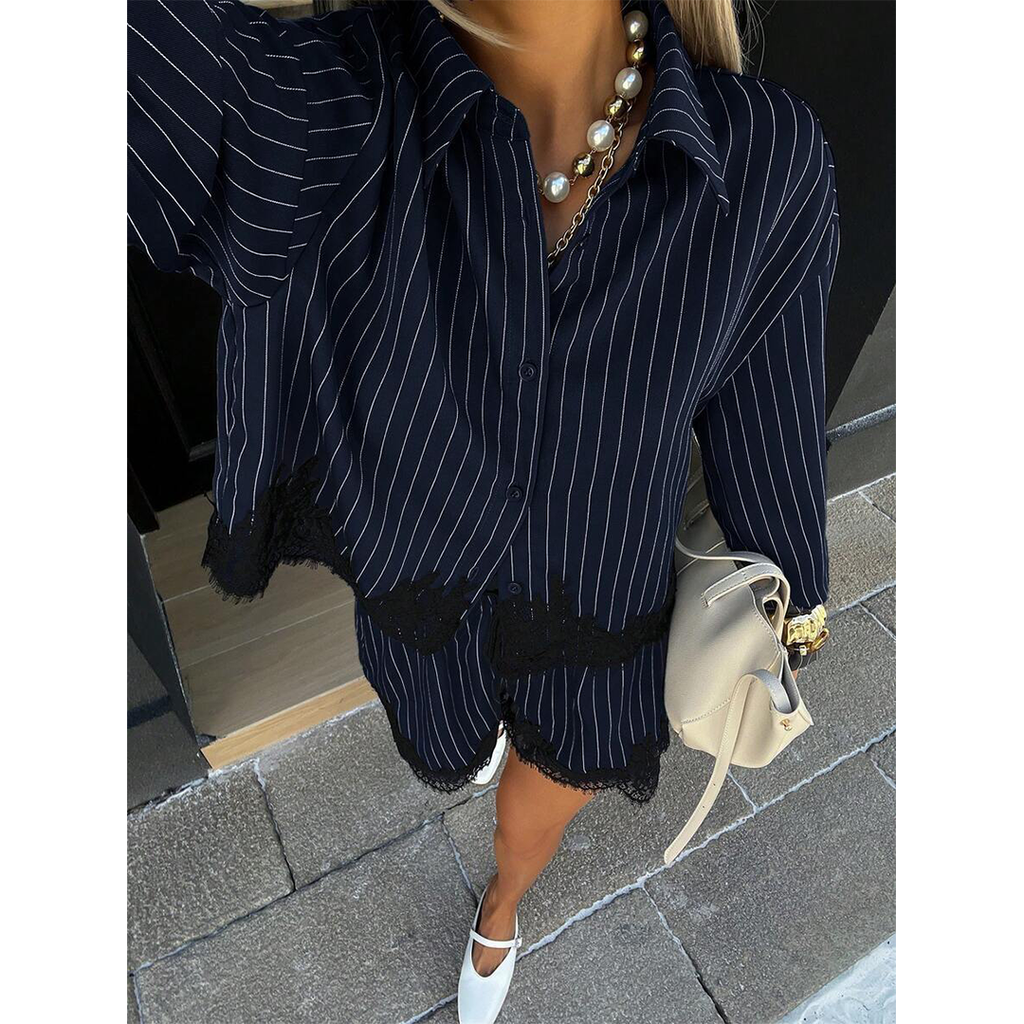Lace Patchwork Shirt Drawstring Shorts 2-Piece Set GZDY067