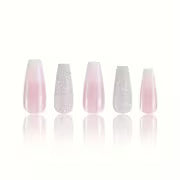24pcs Glossy Long Coffin Press On Nails Gradient Pink And White French Style False Nails Glitter Reusable Fake — view 7
