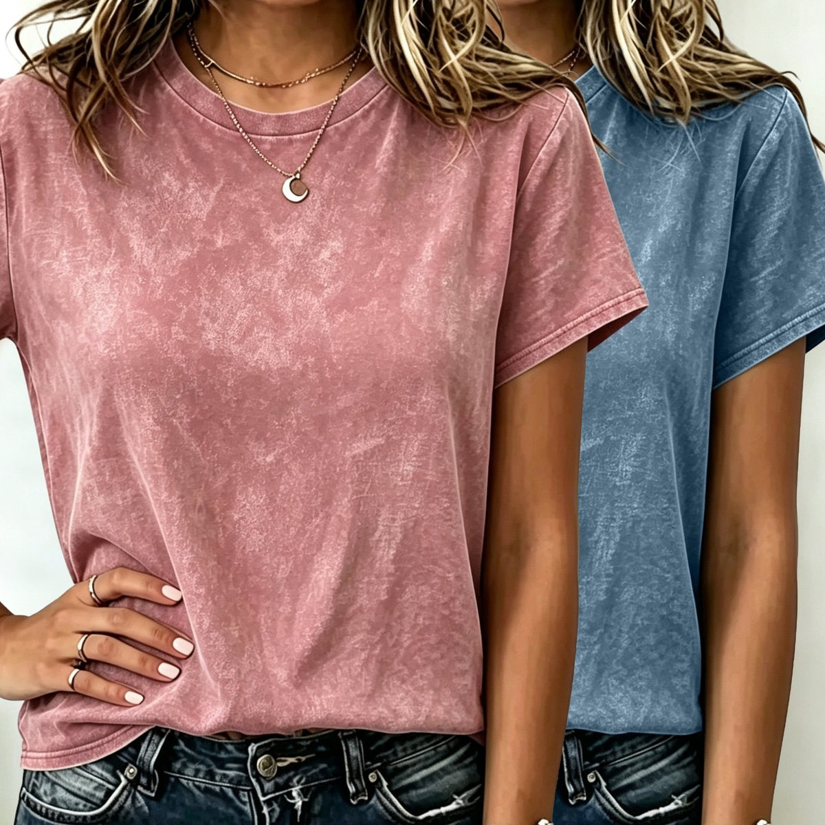 Women's Fashionable Retro Solid Color 2pcs Washed T-Shirts