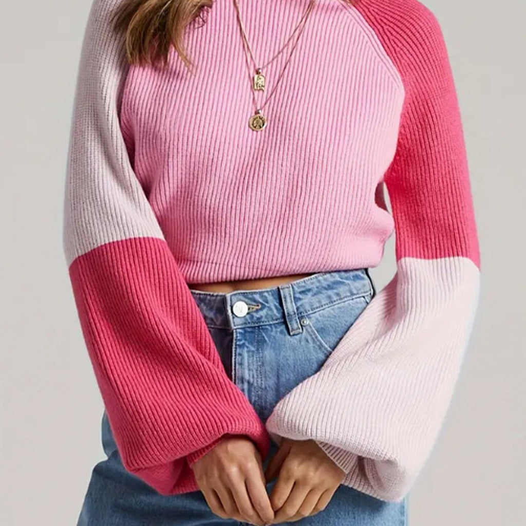 Color Block Ribbed Crop Sweater Mock Neck Flare Long Sleeve