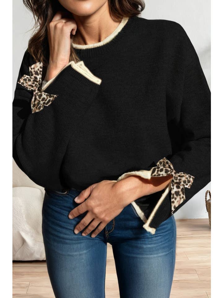 Las Leopard Bow Split Cuff Trim Christmas Sweater (S-4X)