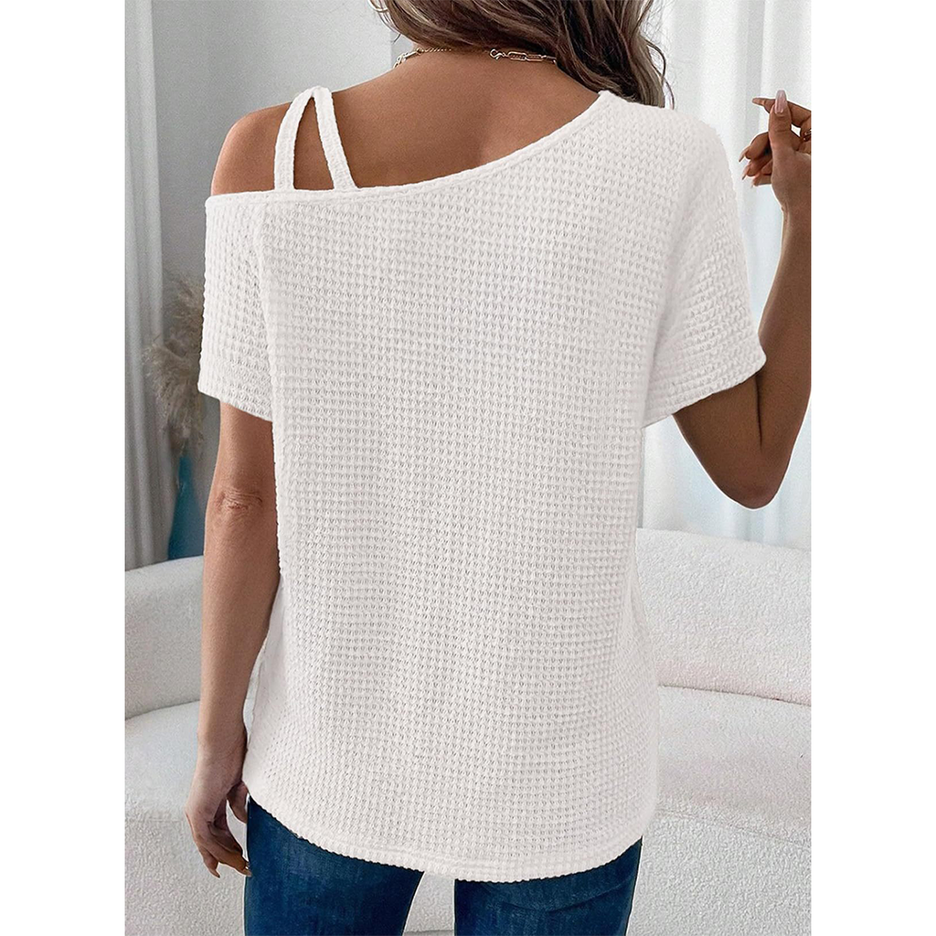 Short Sleeve Color Versatile Off-Shoulder Knit Top AXY048