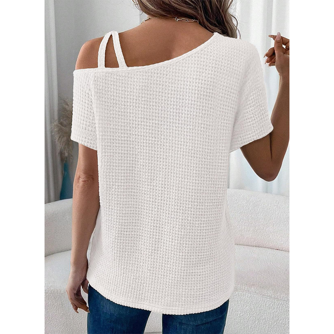 Short Sleeve Color Versatile Off-Shoulder Knit Top AXY048