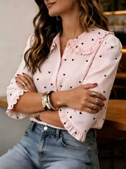 Women'S Heart Print Short Sleeve Blouse with Peter Pan Collar And Ruffled Cuffs — view 9