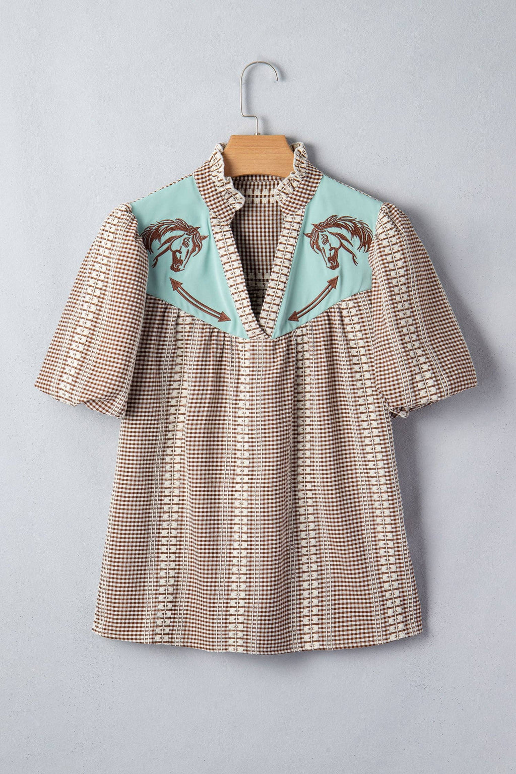 PRETTY BASH Western Pony Embroidered Gingham Blouse