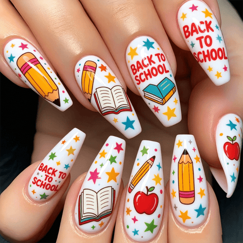 72pcs Ballet Milk White Press On Nails Suitable for Teen School Nail Decor - Glossy Reusable Fake Nail Tips with Back to School Book & Apple, Long Ballet Shape for School Parties, Book Clubs, Book Themed Manicure