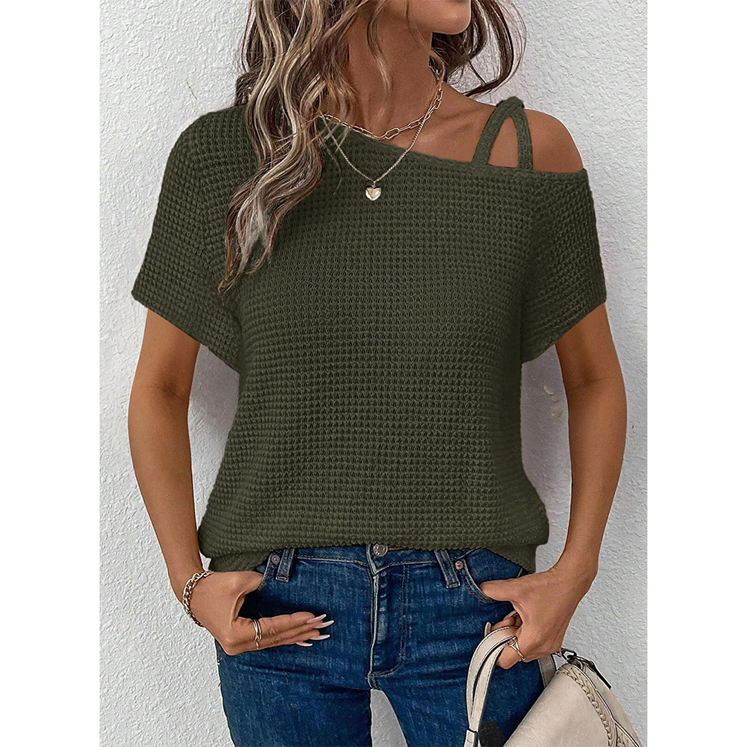Short Sleeve Color Versatile Off-Shoulder Knit Top AXY048