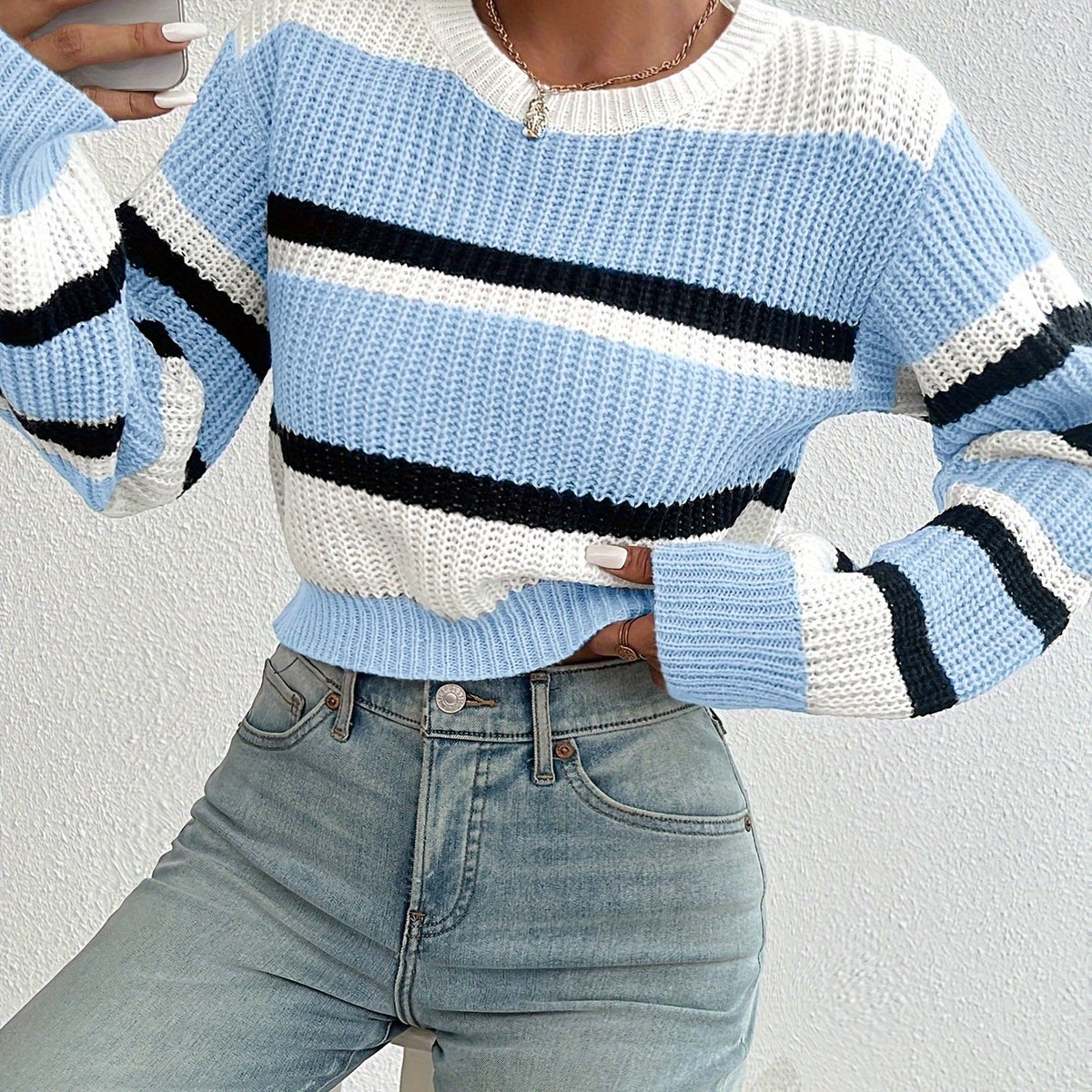 Striped Round-neck Cropped Sweater
