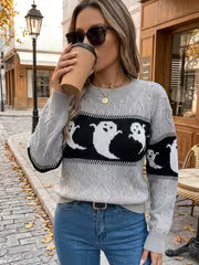 [Halloween] Halloween Women's Casual Autumn And Winter Striped Color-Block Ghost Pattern Long-Sleeve Pullover — view 7